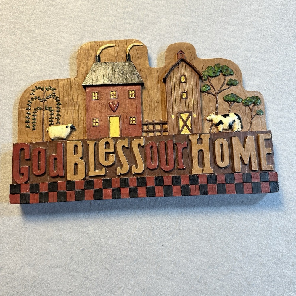 Youngs Rustic Farmhouse God Bless Our Home Barn Sheep Cow Wall Decor Plaque 12x8